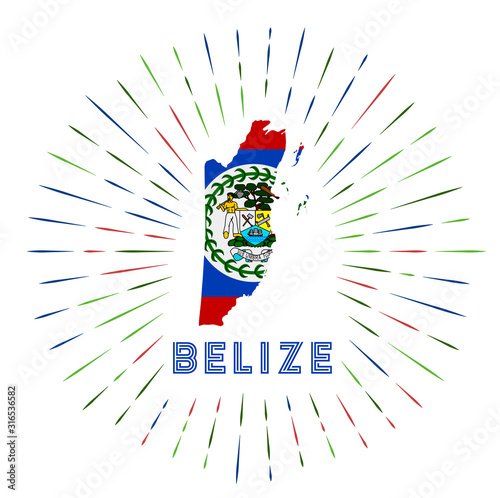 Belize sunburst badge. The country sign with a map of Belize and the Belizean flag. Colorful rays around the logo. Vector illustration.