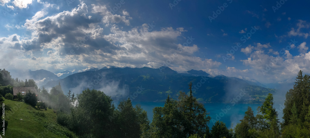 The panoramic view of Lake Brienzersee with Swiss Alp from Balcony