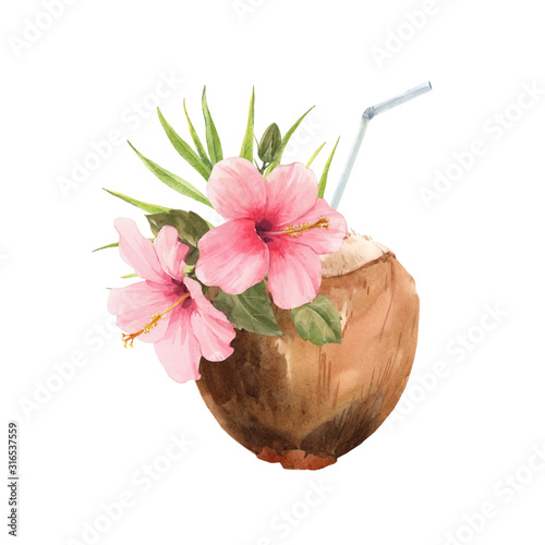 Beautiful vector watercolor tropical coconut stock illustration. Ready for drink. With flowers, palm leaves and swizzale stick.