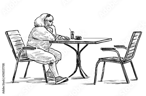 Sketch of casual townswoman sitting in outdoor caffe in wait