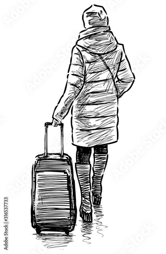 Sketch of casual woman with suitcase walking down street