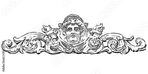 Sketch of decorative cartouche with female face on wall old building