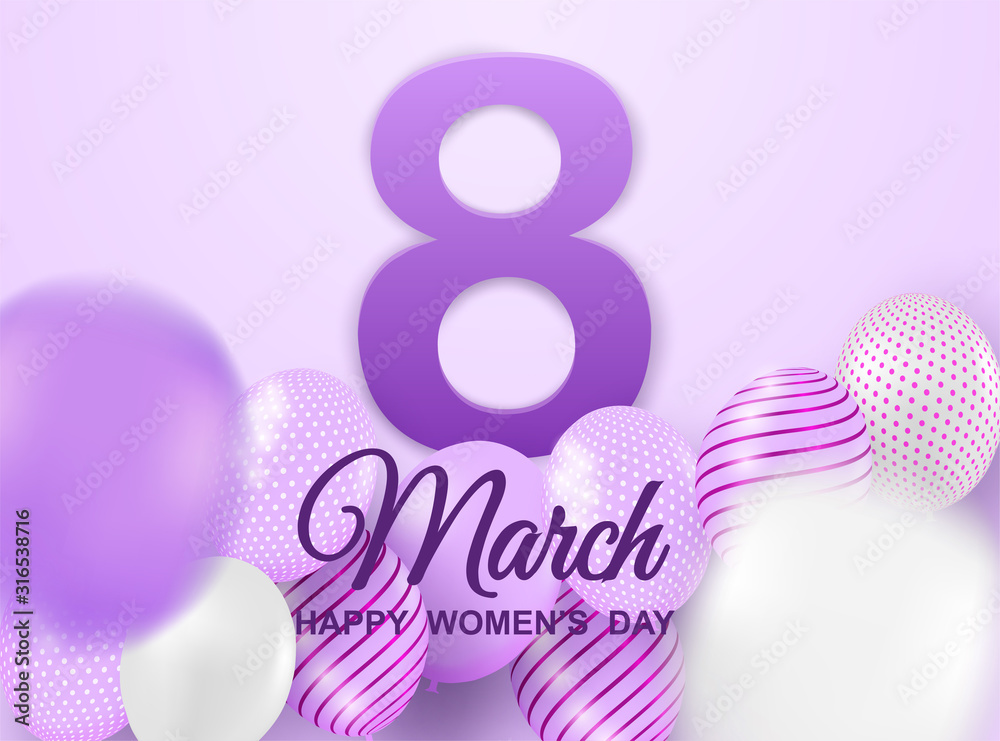 8 march. Happy Woman's Day background. Design with balloons on purple background. Vector. 8 march. Happy Woman's Day background. Design with balloons on purple background. Vector.