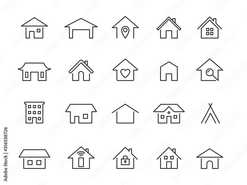 Home line icons. Modern outline houses app signs. Website interface and hotel buildings vector linear symbols Home line icons. Modern outline houses app signs. Website interface and hotel buildings vector linear symbols