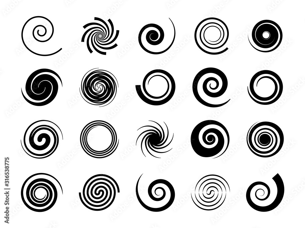 Spirals. Twisted swirl, circle twirl and circular wave elements, psychedelic hypnosis symbols, black geometric digital drawing, vector set