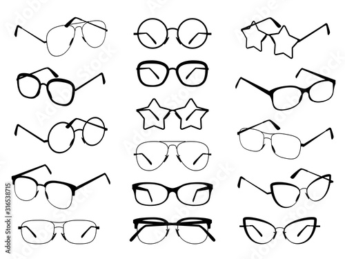 Glasses silhouettes. Modern eyeglasses, fashion black eyewear symbols. Stylish retro sunglasses. Medical spectacles vector icons set