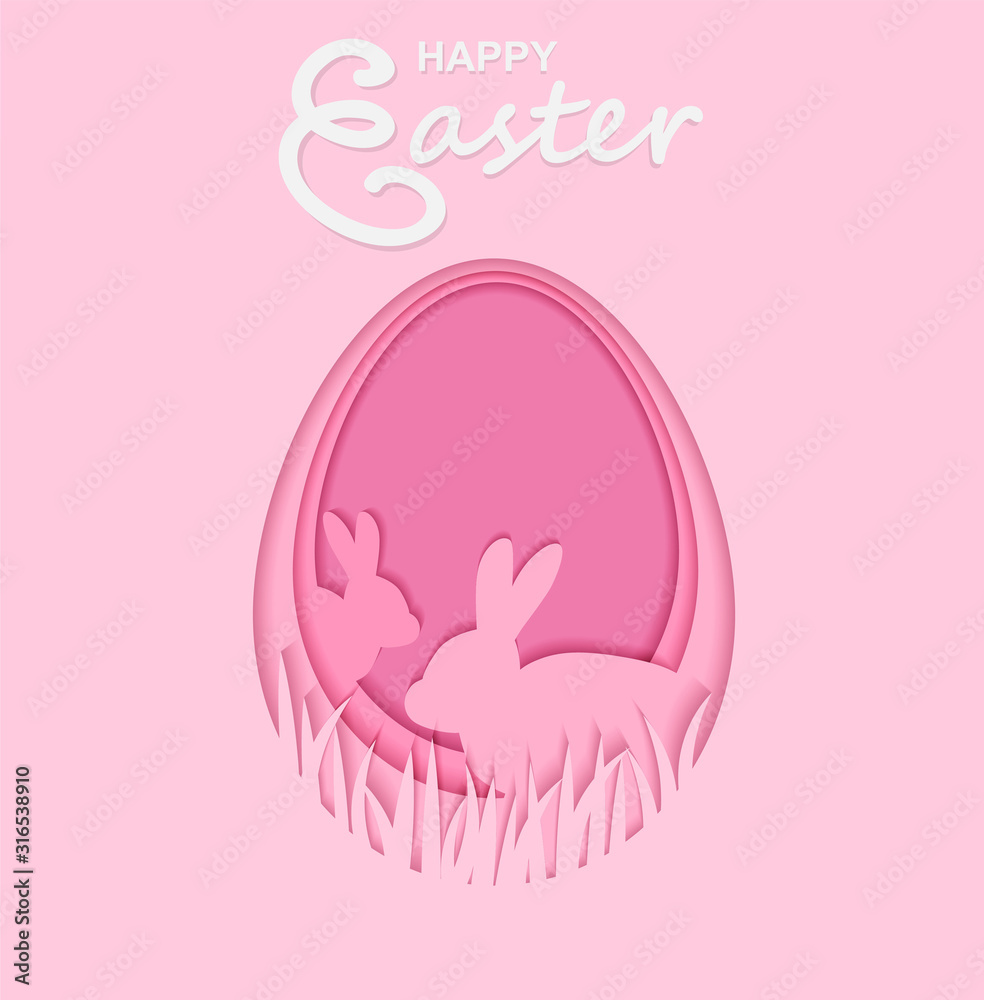 Happy easter. Celebration. easter egg and rabbit on pastels color background. paper cut style . Vector.