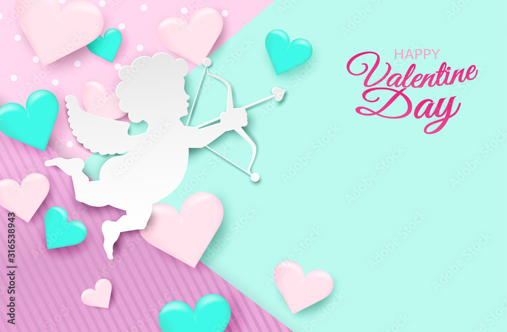 Happy Valentine day background .  Design with heart on pastel background, paper art style . Vector.