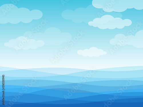 Abstract sea waves. Blue wavy ocean, sky and white clouds, flowing river water landscape wallpaper design, creative vector cartoon background