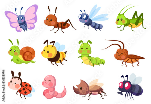 Cute insects. Bugs creatures bee and ladybug, worm, snail and butterfly, caterpillar. Mantis, dragonfly and fly cartoon vector set