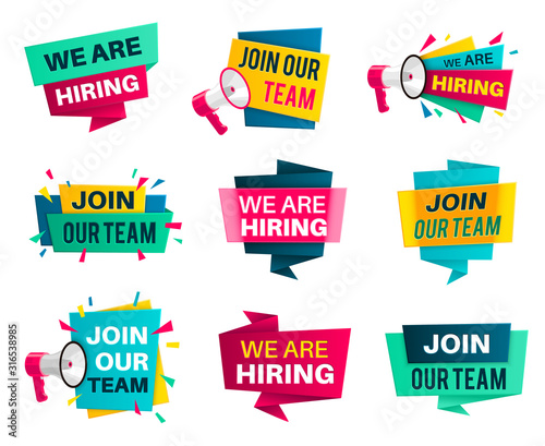 Join our team. Business company job, we are hiring labels, opportunities announcement vacancy creative recruiting offer banner, vector badges