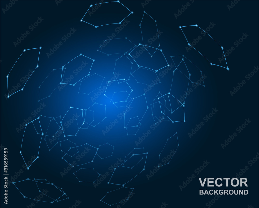 Communications or technology, science concepts. Plexus hexagon connections blue background. Vector.