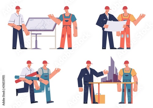 Builders and architects. Professional engineers and contractors, architectural project development and approval, flat set vector characters