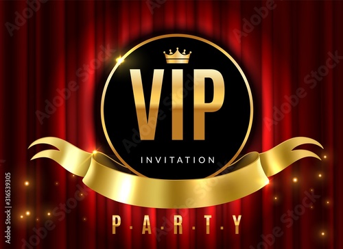 Vip theatre. Golden sign of event premium certificate or card on red luxury curtains for private invitation vector design