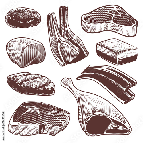 Sketch meat. Hand drawn fresh raw meat products collection, beef steak and ham, pork fillet and lamb chops menu retro design vector set