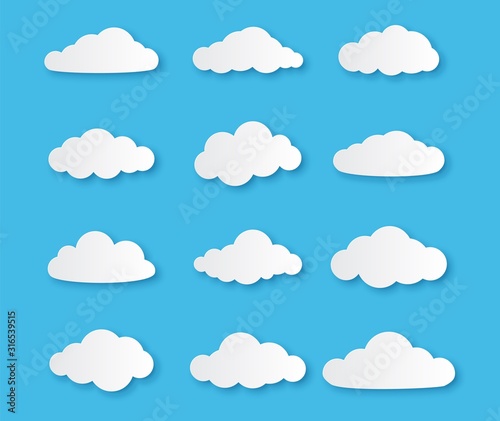 Paper cloud. Different clouds on blue sky in origami design, cut paper cumulus symbol for messages vector set