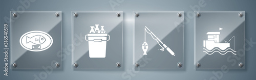 Set Fishing boat with fishing rod on water, Fishing rod and fish, Fishing bucket with fishes and Fish trophy hanging on the board. Square glass panels. Vector
