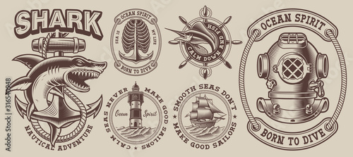 Set of vintage nautical designs with a shark