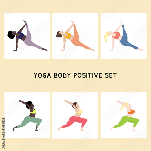 Vector illustration collection with happy of oversized woman in yoga position. Sport and body health positive concept. Love body. Attractive woman of large sizes an active healthy lifestyle