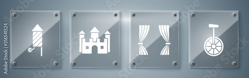 Set Unicycle or one wheel bicycle, Curtain, Castle and Firework rocket. Square glass panels. Vector