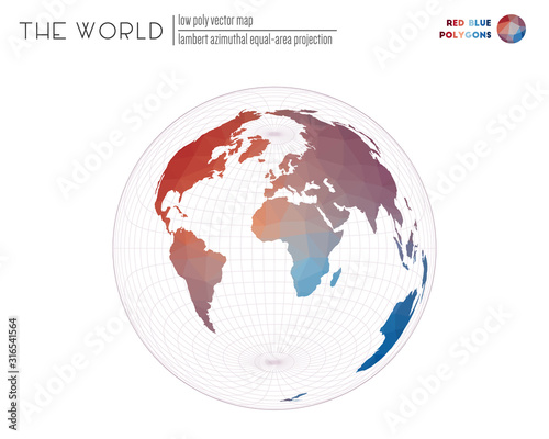 Abstract geometric world map. Lambert azimuthal equal-area projection of the world. Red Blue colored polygons. Elegant vector illustration.