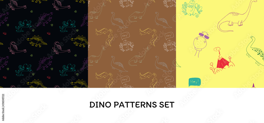 Vector illustration set seamless pattern with dinosaurus on different background. Illustrations for boys prints on t-shirts, children design. Kids textile and fabric