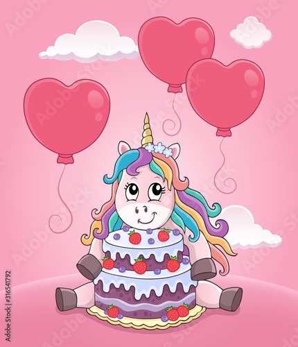 Unicorn with cake and balloons theme 3