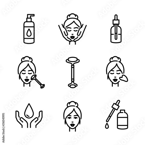 Gua Sha. Face Massage. Vector Icon Set. 