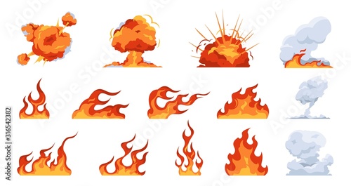 Cartoon fire flame. Flat fireball smoke and explosion effects, flames of different shapes. Vector fire ignition and heat danger set. Fireball illustration and flaming collection symbol
