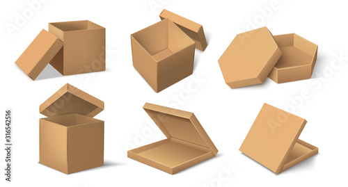 Carton package. Realistic cardboard product package mockup for food and delivery, cube and round brown pack template. Vector set paper mock up isolated container for packages cosmetics © SpicyTruffel