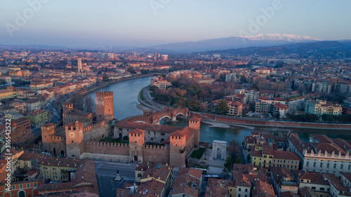 Aerial video shooting with drone of Verona, city on the Adige river in Veneto famous for Romeo and Juliet a Shakespeare’s play, has been awarded World Heritage Site status by UNESCO © immaginario75