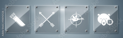 Set Hunt on bear with crosshairs, Hunt on duck with crosshairs, Crossed arrows and Quiver with arrows. Square glass panels. Vector