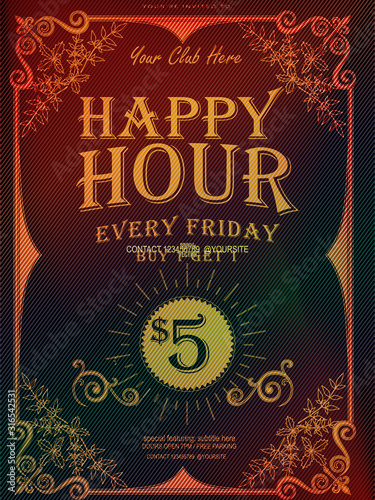 Happy hour Great Gatsby Deco Style vector, Golden flowers, Art Deco floral Vintage Frame Design, birthday Invitation, invite card design, Abstract geometric patterned background. Eps 10