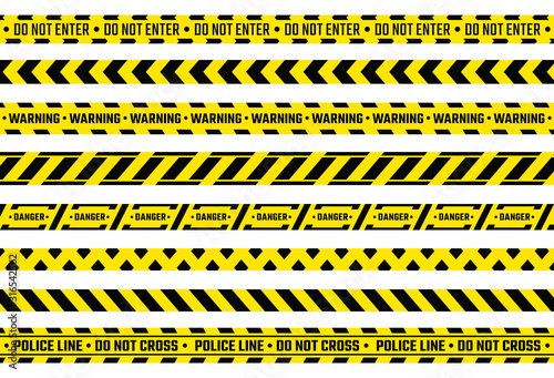 Caution tape. Yellow attention ribbon with warning signs, police evidence protection and construction protection tape. Vector isolated illustration safety stripe for safety border working construction © SpicyTruffel