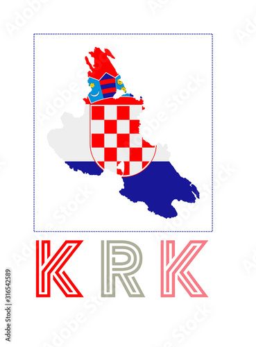 Krk Logo. Map of Krk with island name and flag. Astonishing vector illustration.