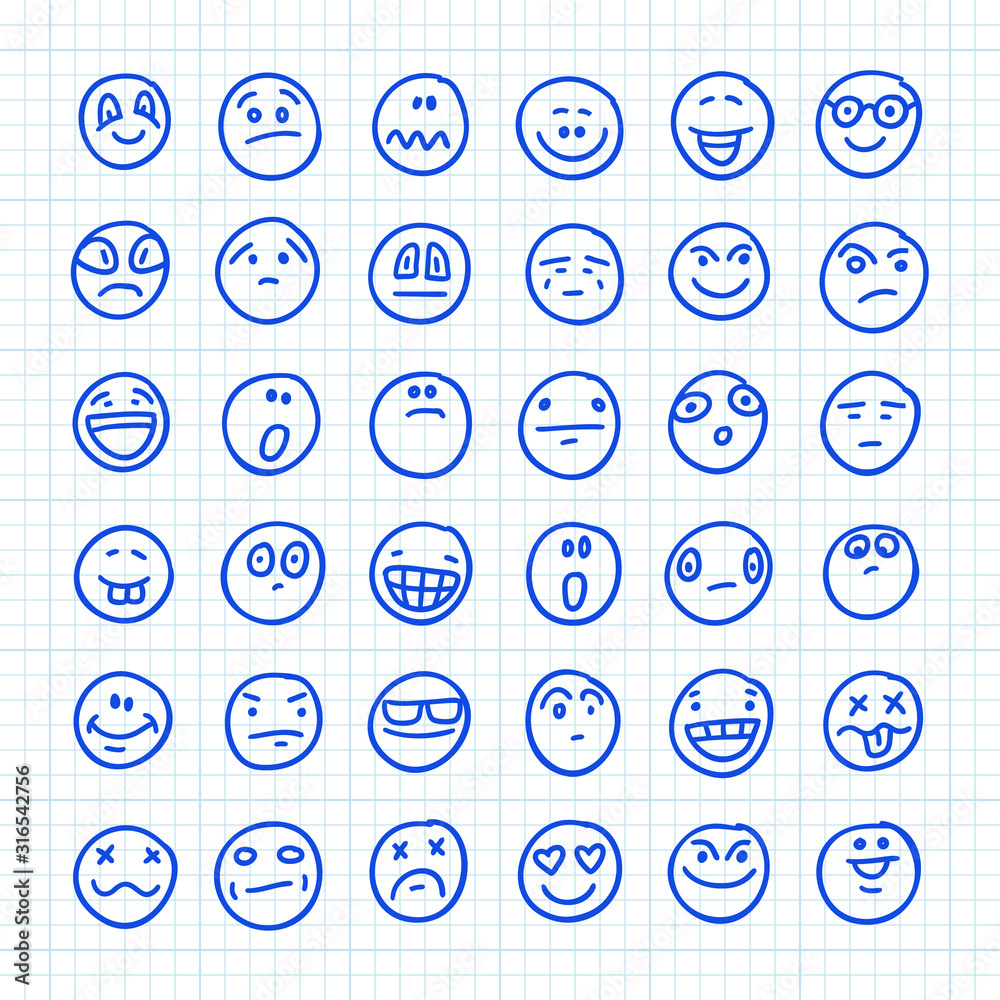 A Set of Emoji Icons Drawn by Hand on Squared Paper: Part 05. Vector Doodle Illustration. A Set of Emoji Icons Drawn by Hand on Squared Paper: Part 05. Vector Doodle Illustration.