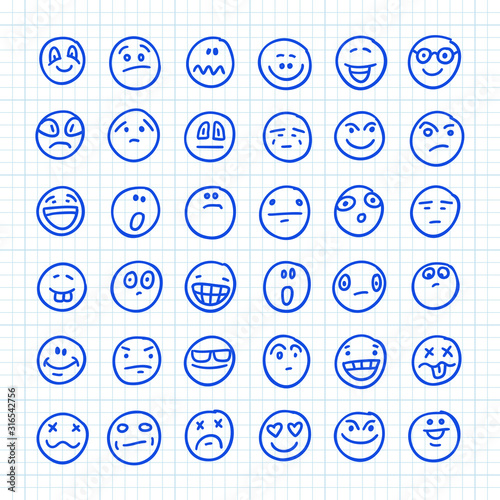 A Set of Emoji Icons Drawn by Hand on Squared Paper: Part 05. Vector Doodle Illustration.