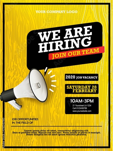 Hiring recruitment design poster with speaker & geometric shapes. We are hiring invitation template with megaphone on blue background with geometric lines. Vector EPS 10. Open vacancy design template
