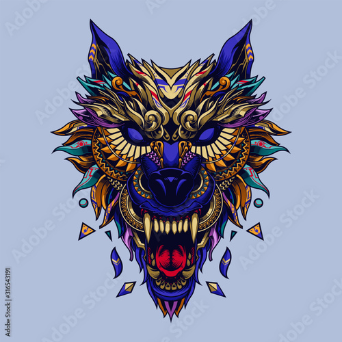 ethnic wolf illustration tattoo style and tshirt design
