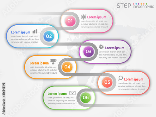 6 steps process color elements infographic vector illustration. Creative business data visualization.