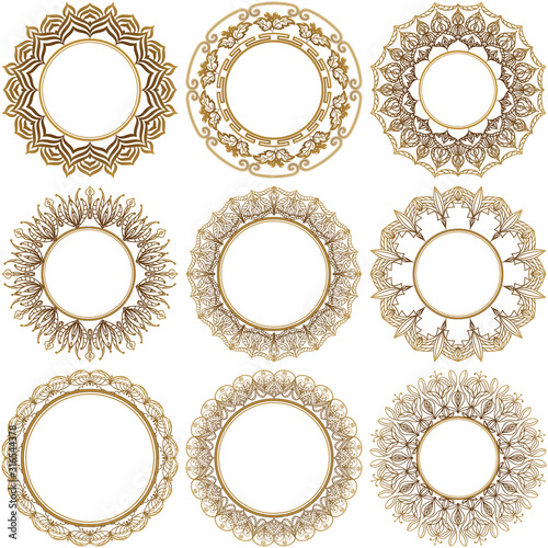 Collection of nine round gold frames on white background. Vector frame for paintings, photographs, illustrations, mirrors and inscriptions. 