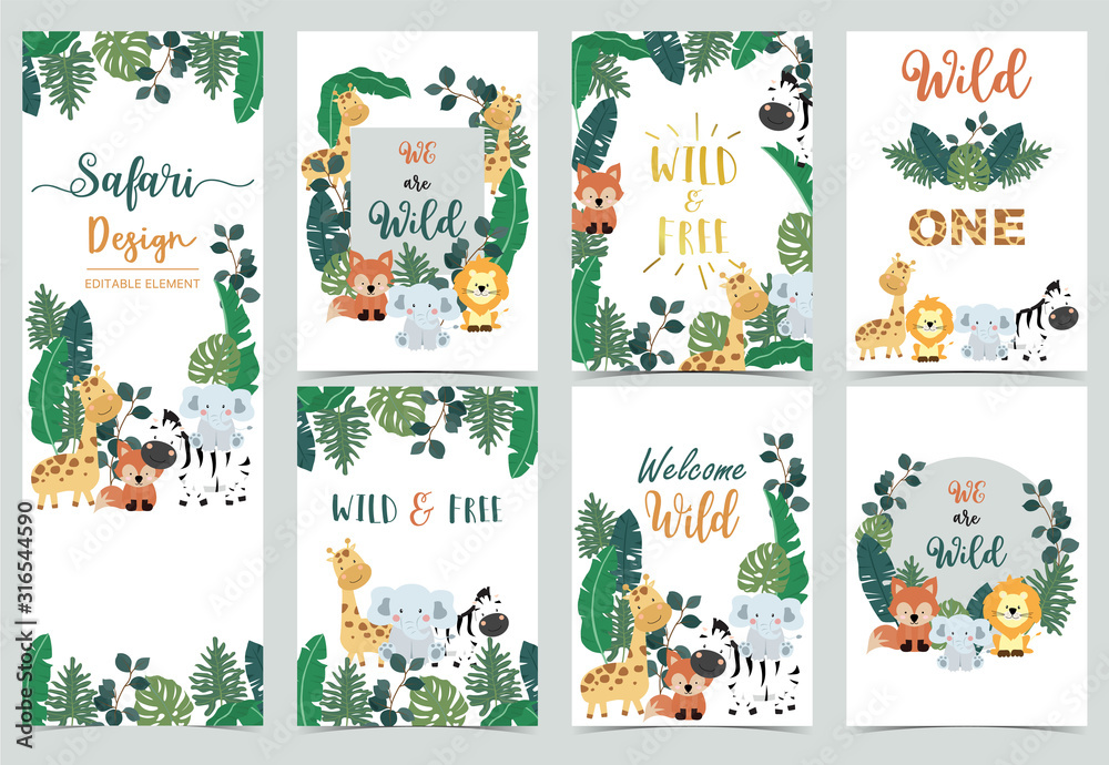 Collection of safari background set with giraffe,zebra,fox,lion.Editable vector illustration for birthday invitation,postcard and sticker.Wording include wild and free Collection of safari background set with giraffe,zebra,fox,lion.Editable vector illustration for birthday invitation,postcard and sticker.Wording include wild and free