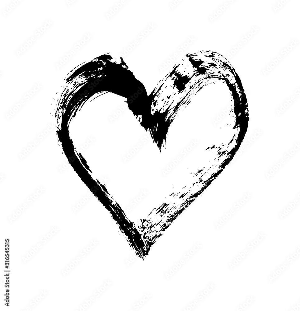 Paintbrush hand drawn heart design element. Valentine's Day vector illustration. Love symbol for Valentine card, banner. Distress texture. Isolated on white background
