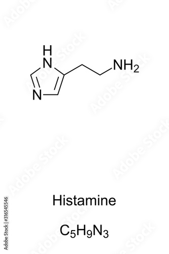 Histamine molecule, skeletal formula. Structure of C5H9N3, is acting as neurotransmitter in the brain and is involved in the inflammatory response. Structural formula. Illustration over white. Vector.