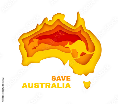 Save Australia concept banner. Color continent in paper cut style with silhouette of koala, kangaroo and birds. Vector illustration.
