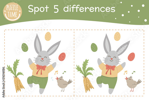 Easter find differences game for children. Spring holiday festive preschool activity with bunny, colored eggs, carrot and singing bird. Puzzle with cute funny smiling characters..