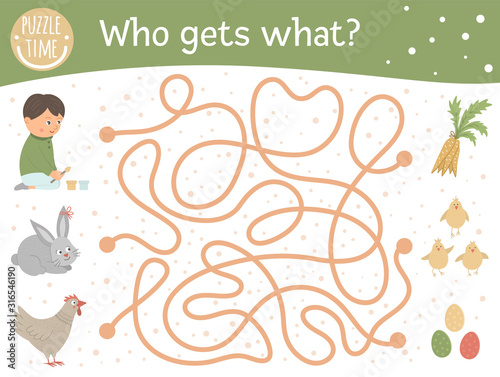 Easter maze for children. Preschool spring holiday activity. Funny game with cute hen, bunny and boy. Whose gets what puzzle..
