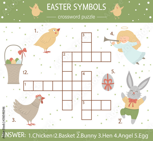 Vector Easter symbols crossword puzzle. Bright and colorful spring quiz for children. Educational holiday activity with colored egg, chicken, bunny.