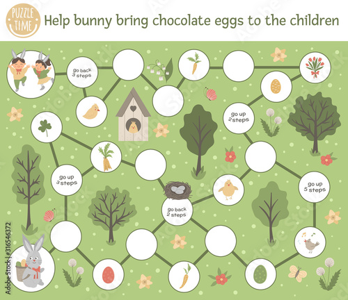 Easter adventure board game for children with cute characters and traditional symbols. Educational spring holiday boardgame. Help bunny bring chocolate eggs to the children..