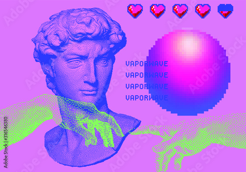 Surrealistic vector pixel art ilustration with Michelangelo's David bust. Vaporwave and retrowave style, postmodern aesthetics with Renaissance antique sculpture.